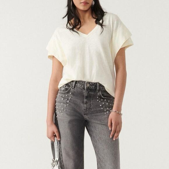 ba&sh Viny T-Shirt Size M or 2 Ivory Cream Cotton V Top Neutral Casual Staple - Picture 1 of 13